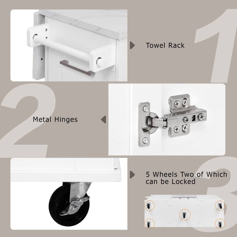 50.7" Kitchen Island with Drop Leaf, Pull Out Cabinet Organizer, Rolling Wheels, Trash Bin and 2 Drawers