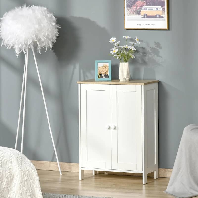 Storage Cabinet, Double Door Cupboard with 2 Adjustable Shelves - White
