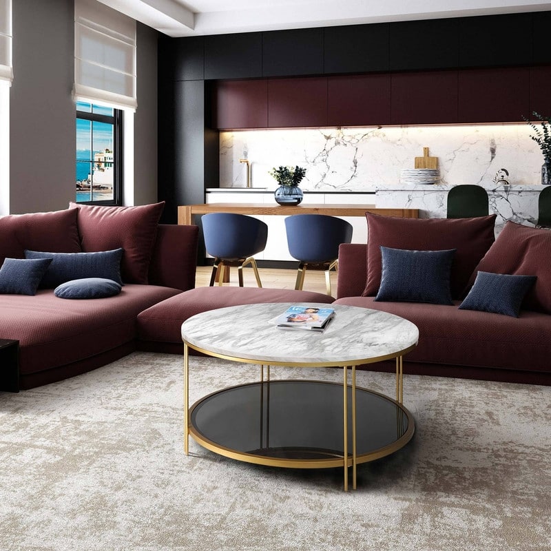 Modern Glam 36" Round Modern Cocktail Glass Coffee Table Storage Shelf with 4 Gold Cross Legs Faux Marble Veneer