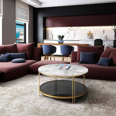Modern Glam 36" Round Modern Cocktail Glass Coffee Table Storage Shelf with 4 Gold Cross Legs Faux Marble Veneer