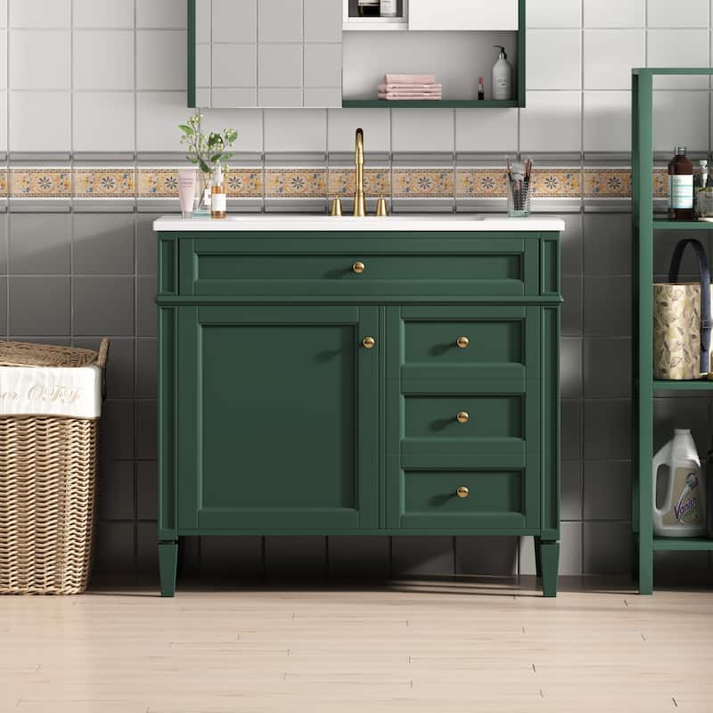 Modern Storage Cabinet Bathroom Vanity with Resin Sink, Tip-out Drawer, 2 Drawers, Side Door Organizer and Adjustable Shelf