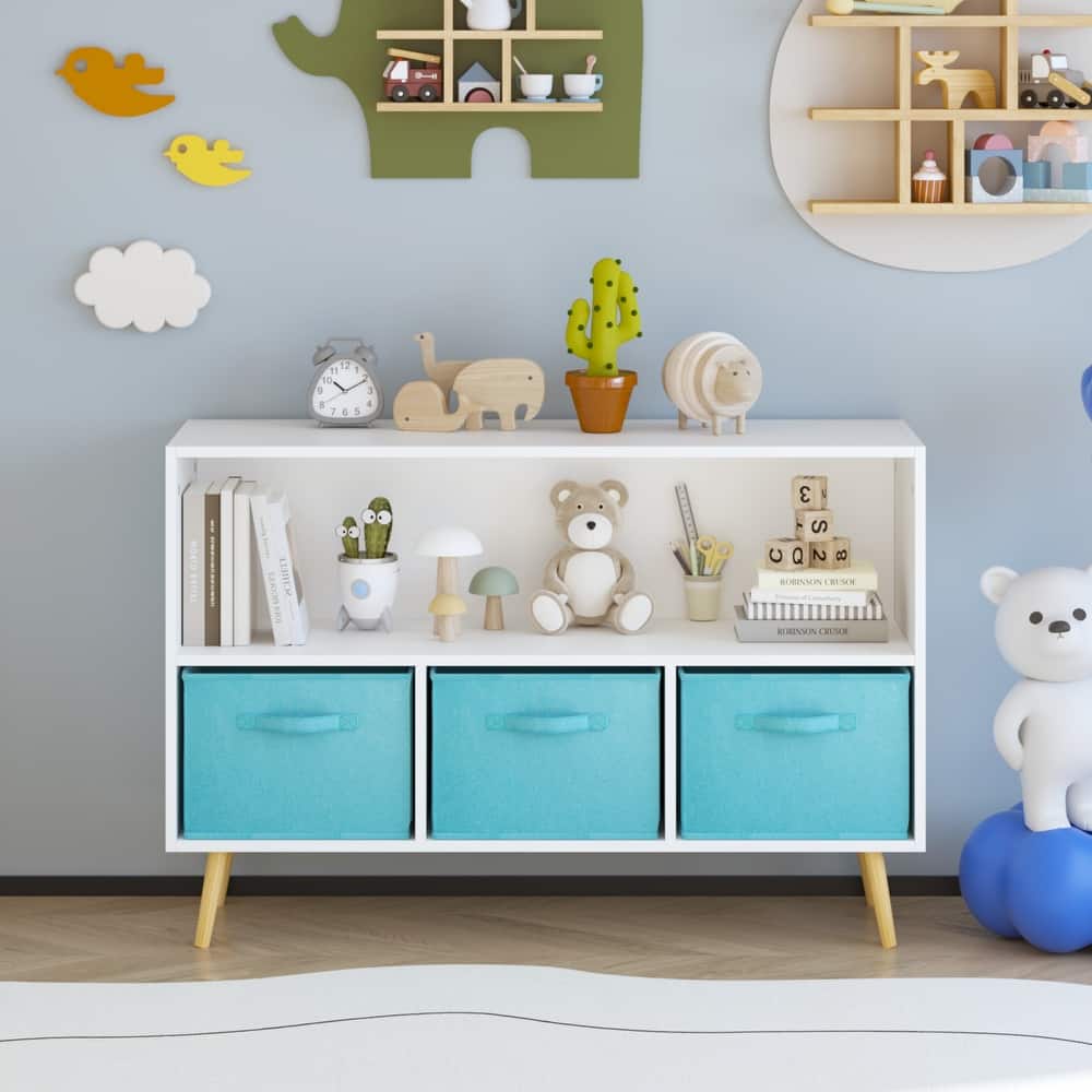 Homy Lin Kids Bookcase with Collapsible Fabric Drawers, Children's Book Display, Toy Storage Cabinet Organizer