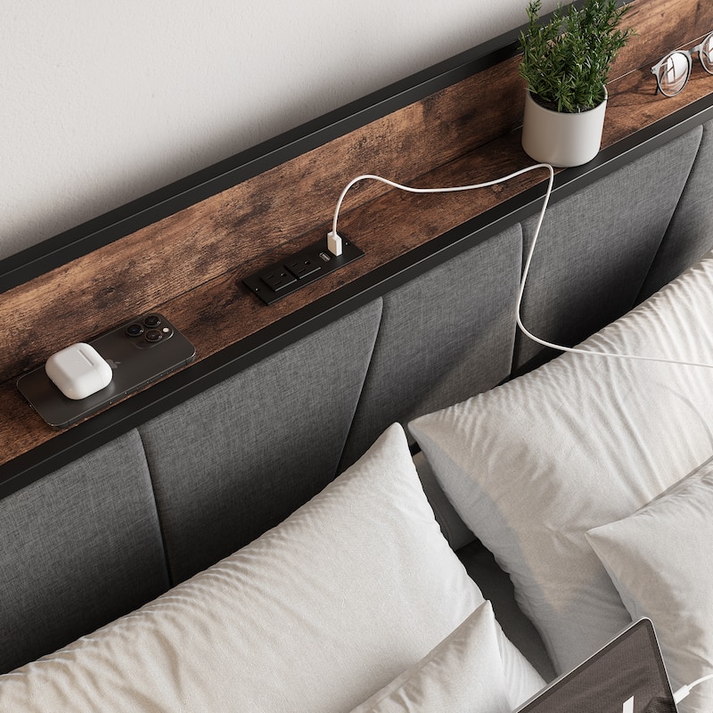 Bed Frame, Storage Headboard with Charging Station and 2 Drawers