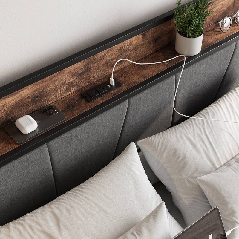 Vintage Brown and Gray Bed Frame with Storage Headboard Charging Station and 2 Drawers Easy Assembly