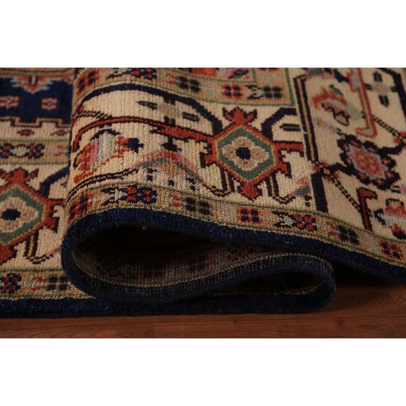Blue Geometric Heriz Serapi Indian Area Rug Handmade Wool Carpet - 8'9"x 11'11"