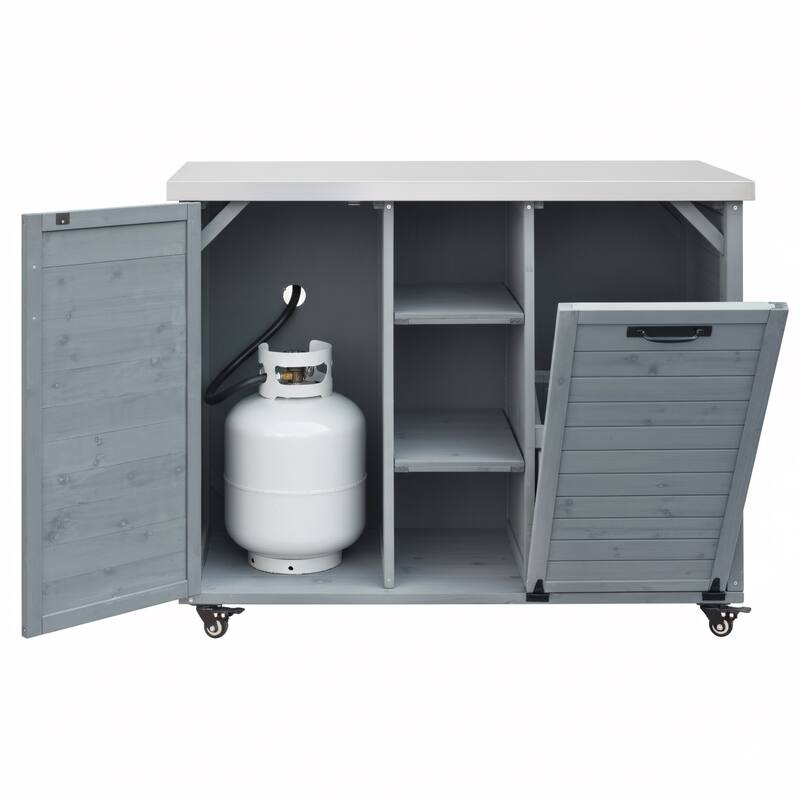 78.3" Outdoor Kitchen Island with Foldable Grill Table, Wooden Cart with Trash Storage & Stainless Steel Top for Lawn & Garden