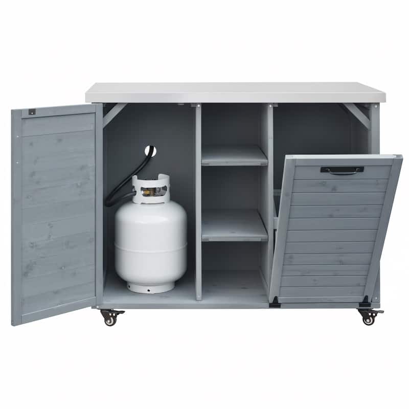 78.3" Outdoor Kitchen Island with Foldable Grill Table, Wooden Outdoor Grill Cart with Trash Can Storage & Stainless Steel Top