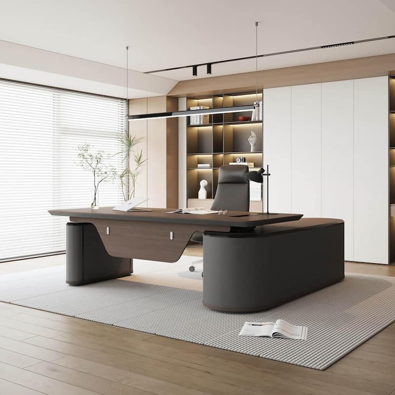 Reversible L-Shaped Adjustable Height Executive Standing Desk with Oval Storage Cabinet - 78.74"