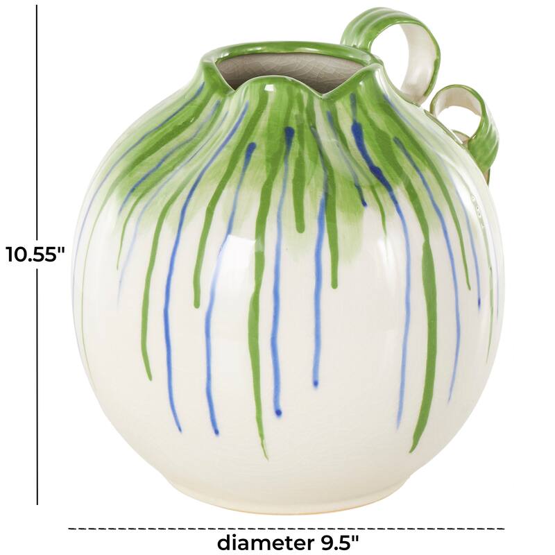 White Ceramic Abstract Decorative Vase with Green and Blue Drip Design and Handle