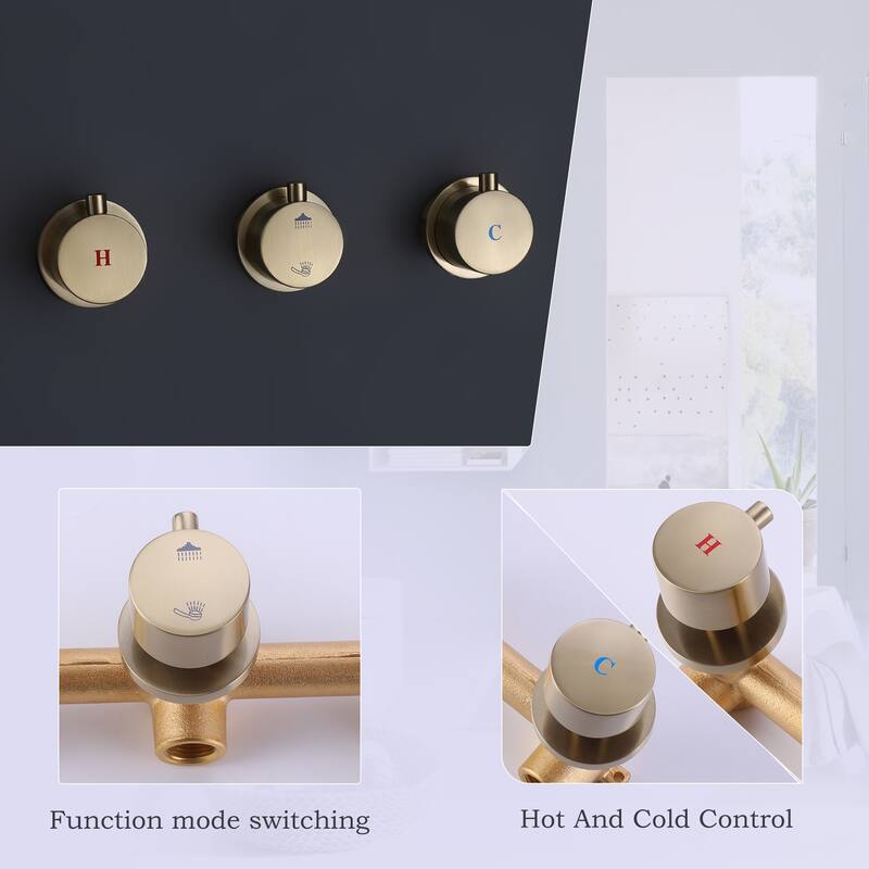 Luxury 3-Handle Complete Rainfall Shower System with Rough-in Valve in Black/Gold