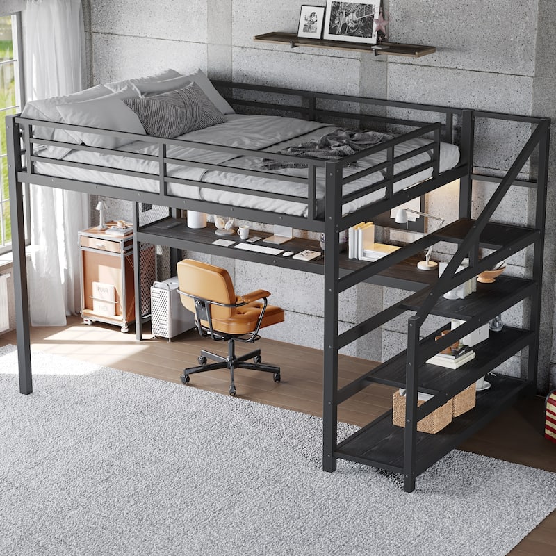 Queen Loft Bed with Desk, Storage Stairs & LED Lights, Metal Bed Frame with USB Ports & Iron Nets, No Box Spring Needed