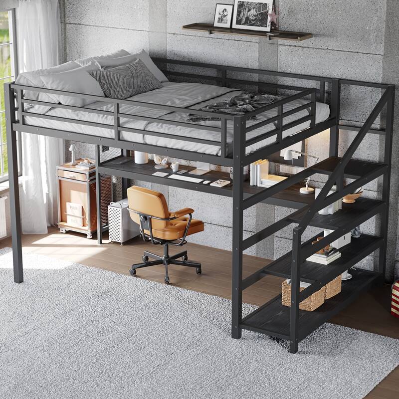 Queen Loft Bed with Desk and Storage Stairs, Metal Loft Beds with LED Lights, USB Ports, Multifunctional Iron Nets,Black