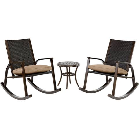 Hanover Traditions 3-Piece Chat Set in Tan with 2 Aluminum Wicker Back Cushioned Rocking Chairs and 18-in. Side Table