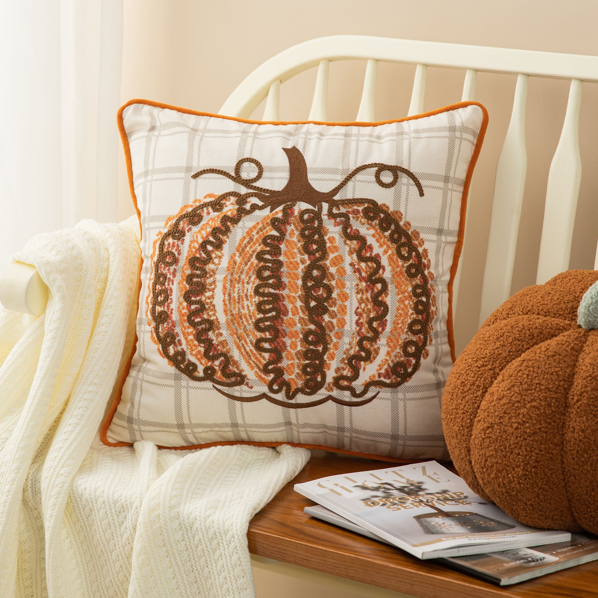 Glitzhome 18 Fall Embroidered Pumpkin Pillow Cover Bed Bath Beyond 35734428