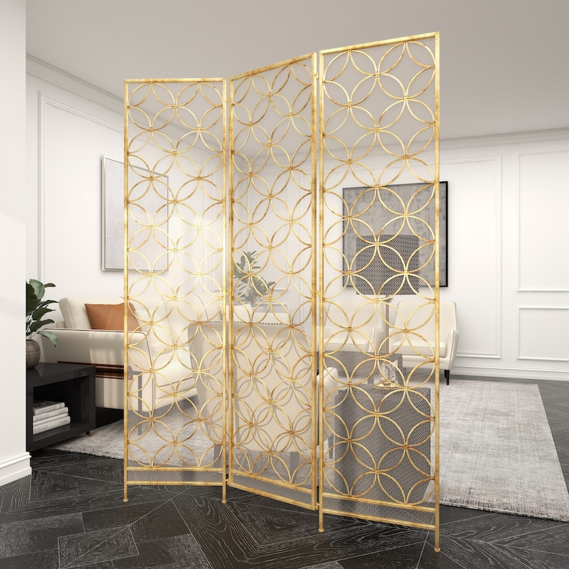 Metal Geometric Hinged Foldable Partition 3 Panel Partition Room Divider Screen - Brass - Roche River Decor