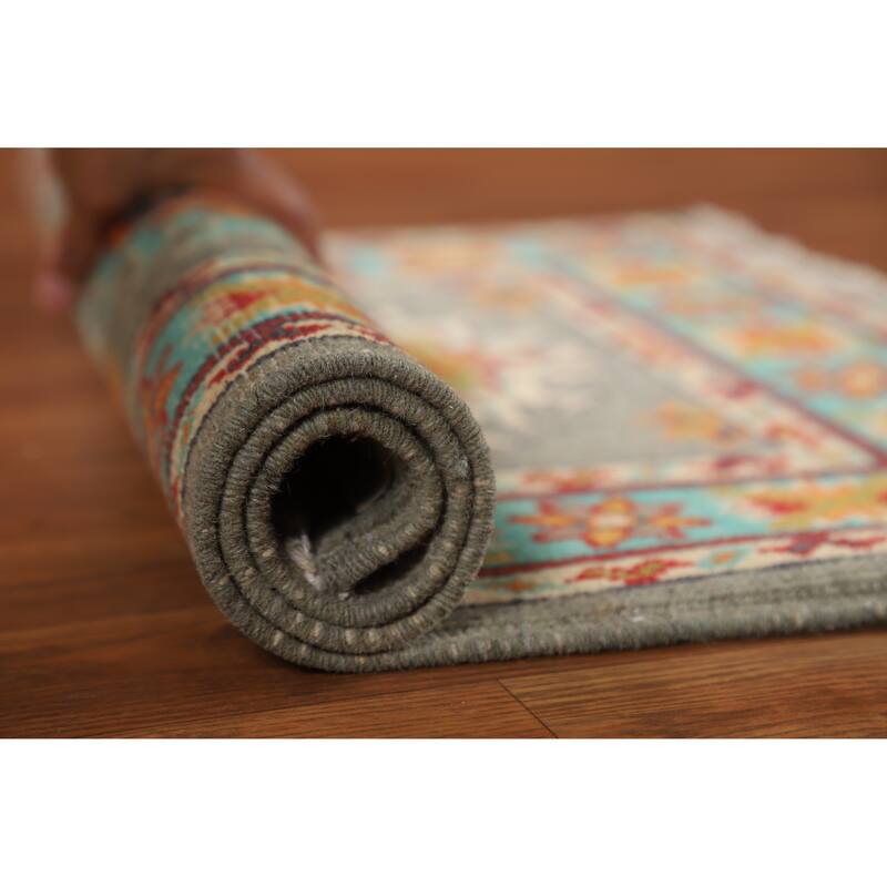Gray Turquoise Kazak Oriental Foyer Rug Hand-Knotted Wool Carpet - 2'0"x 3'0" - 2'0"x 3'0" - Grey