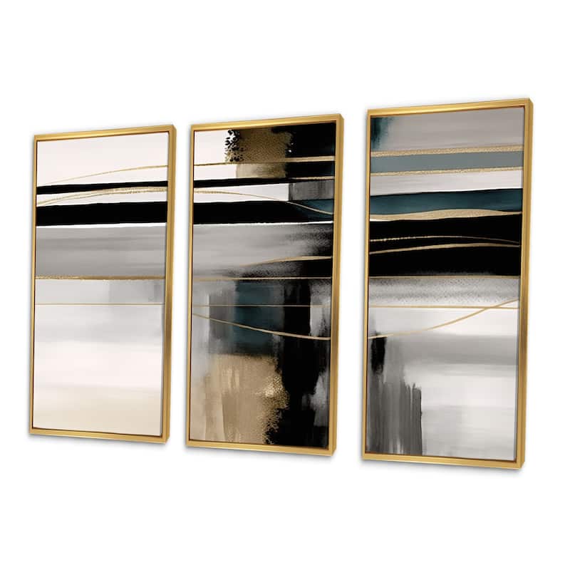 Designart "Abstract Geode Geometric Black And Gold III" Modern Geometric Framed Canvas Art Print - 3 Panels