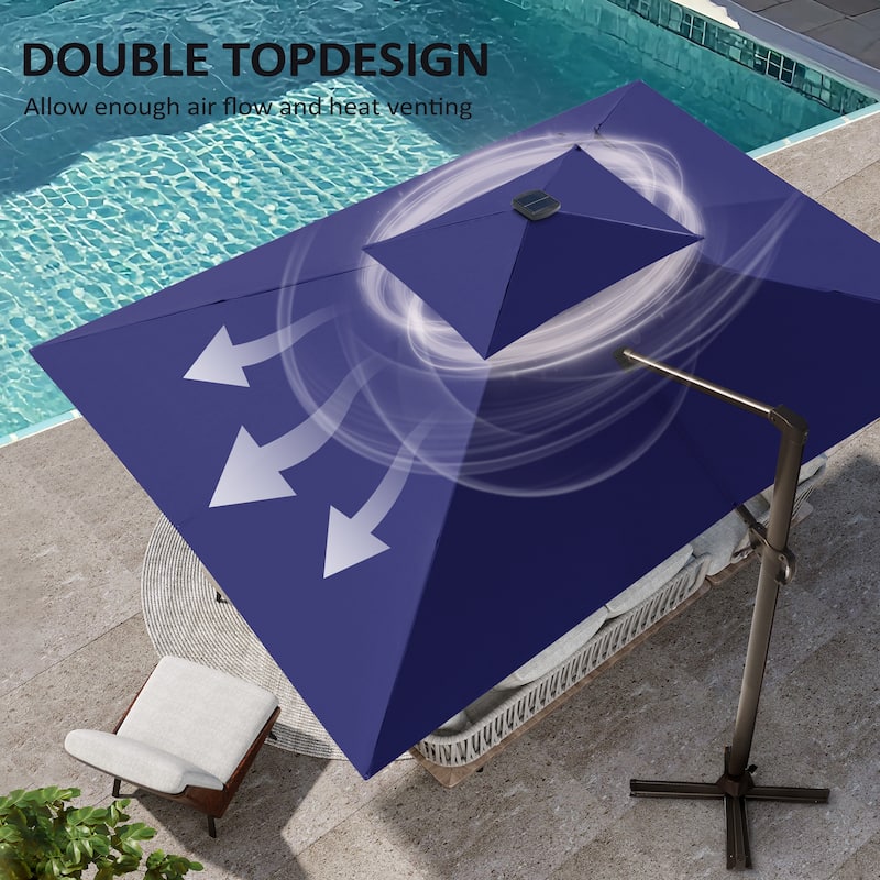 Pellebant Outdoor 10x13FT Patio Cantilever Umbrella Dual Top Lar Lighted with Wheel Base