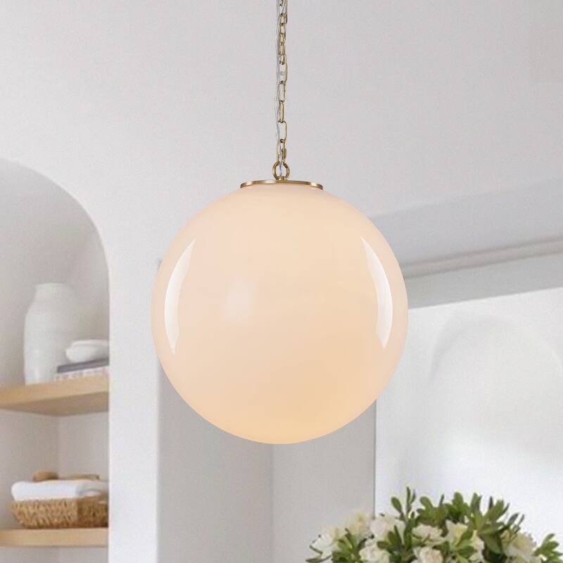 Modern Minimalist 1-Light Glossy Milky Glass Globe Pendant - 15.7 in - Brass & Chain