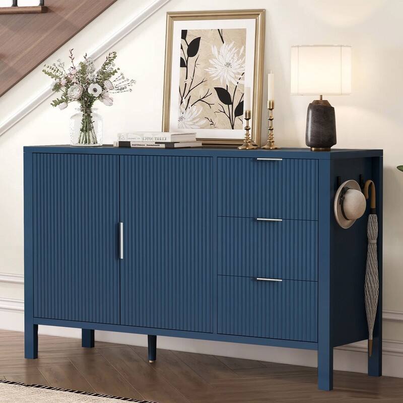 Modern Fluted 2-Door Sideboard with 3 Storage Drawers and Adjustable Hooks for Living Room,Entryway,Hallway
