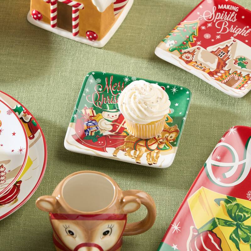 Certifed International Santa's Retro Christmas Set of 4 Canape/Appetizer/Luncheon Plates 6" Assorted Designs