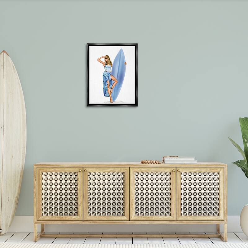 Stupell Trendy Surfer Girl in Blue Framed Floater Canvas Wall Art Design By Ziwei Li