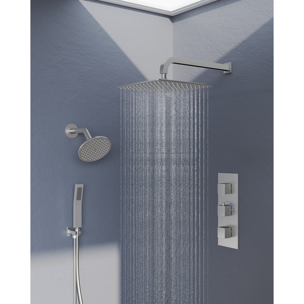 GRANDJOY Dual Shower Heads 12" Rainfall Thermostatic Shower System Faucet Set with Rough-in Valve