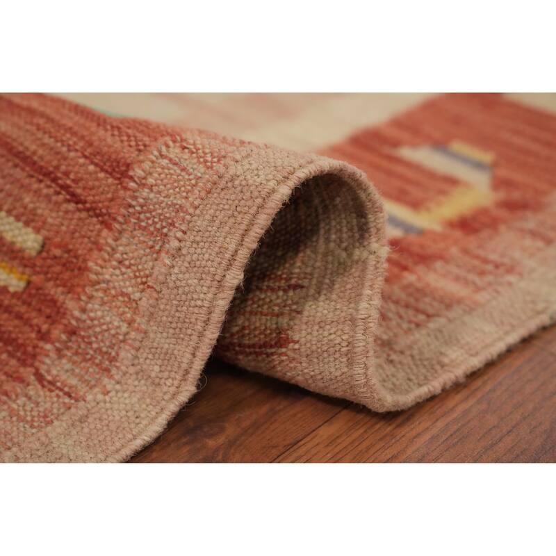 Hand Woven Oriental 100% Wool Carpet Southwestern Tribal Beige & Ivories Kilim Area Rug - 8' 3'' X 4' 11''