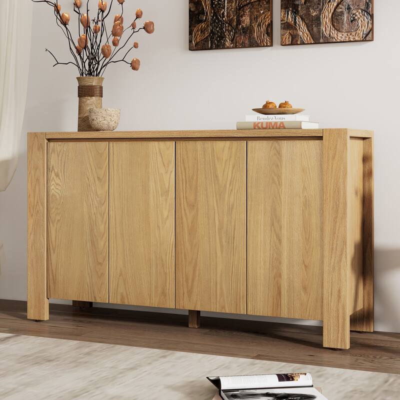 Buffet Cabinet with Storage, 4-Door Retro Wood Sideboard with Distressed Finish and Adjustable Shelves .