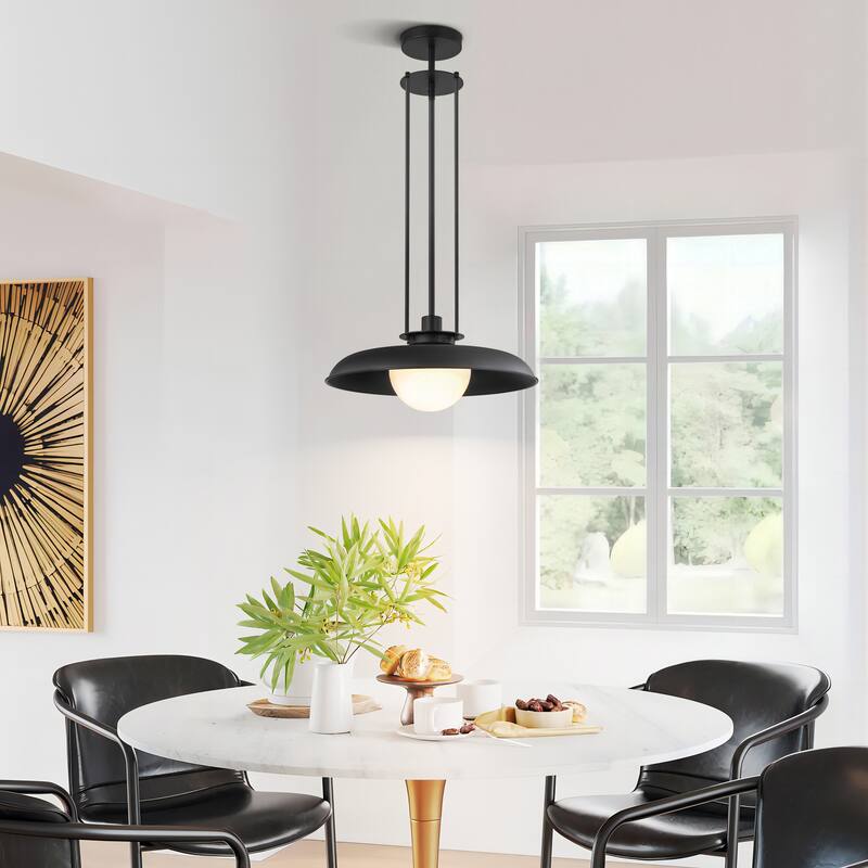 1-Light Modern Industrial Black Dome Pendant Island Light with Frosted Opal Glass Globe Shade