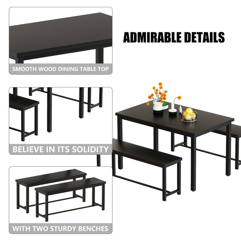 Dining Table Set with Two Benches, Kitchen Table Set for 4 Persons