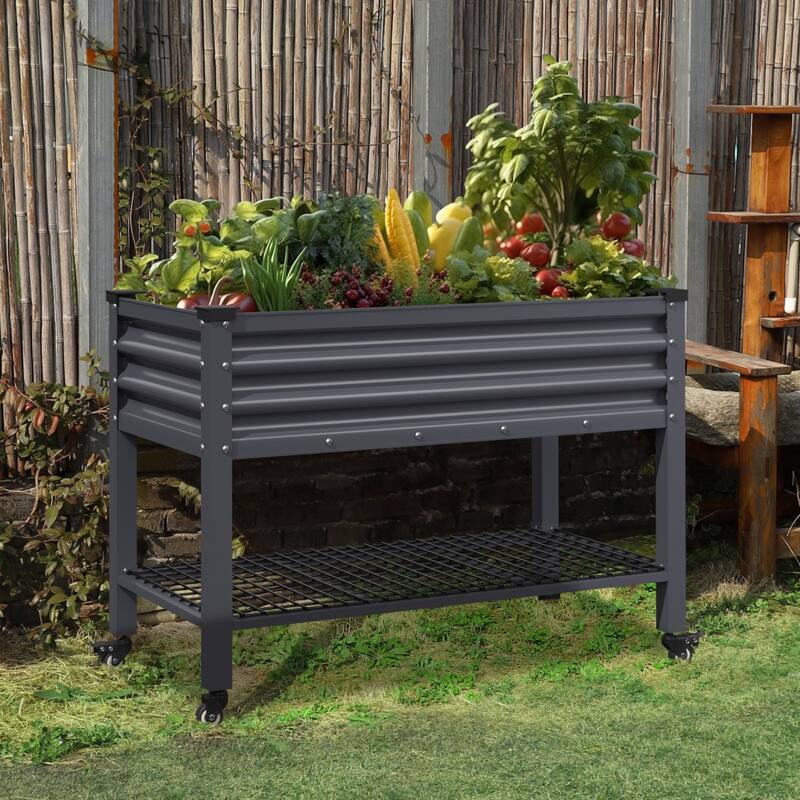 VEIKOUS 7.8 Cu.ft Galvanized Steel Raised Garden Bed, Large Outdoor Planter Box with Drainage Holes, Wheels - Dark Grey