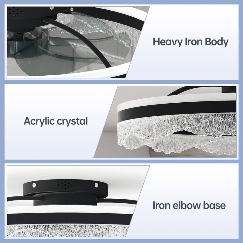 24" Quiet Ceiling Fan with Light - LED Crystal Flush Mount Fan Lamp with Hidden Blades and Natural Airflow - Black