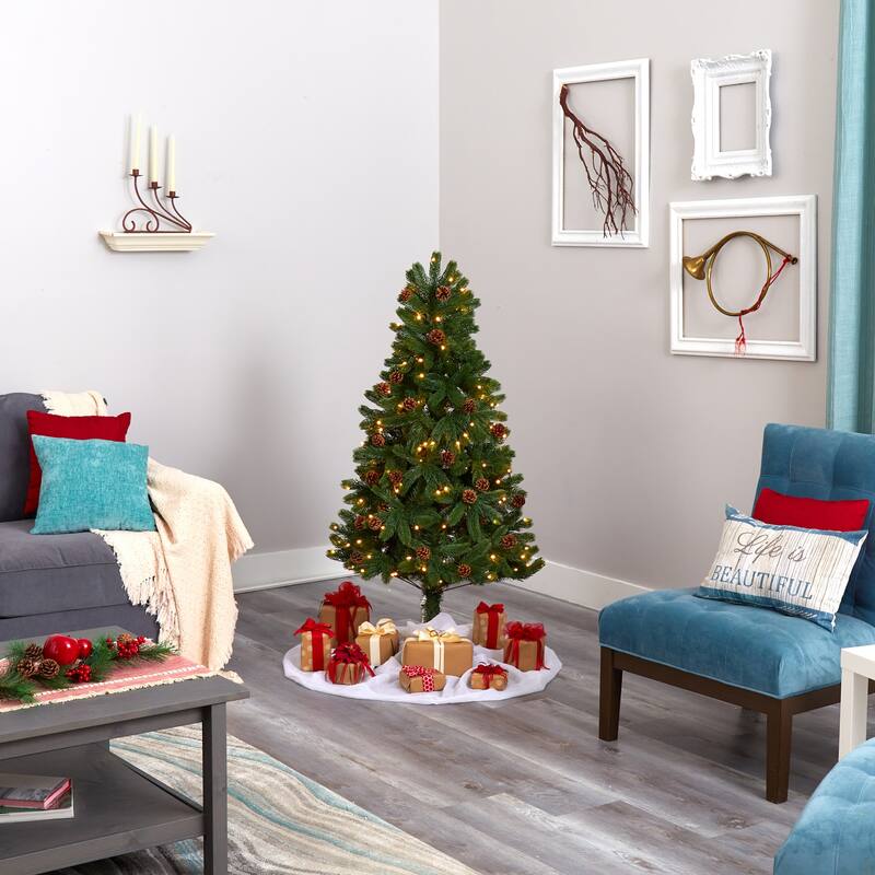 5ft. Spruce Artificial Christmas Tree with Pinecones & 100 Clear LED Lights - Charming Holiday X-Mas Tree