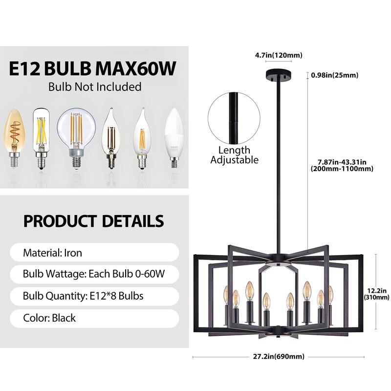 27" Modern Black Geometric 8-Light Chandelier-Industrial Metal Pendant Light Fixture