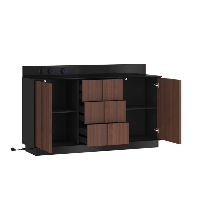 Modern Black High-Gloss Sideboard Buffet Cabinet with Coffee Wood Grain Doors, Sliding Power Outlet & Cable Management Box