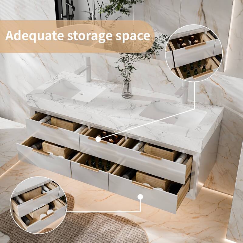 Modland 60" Modern Floating Bathroom Vanity with Double Sink, Soft-Close Drawers, White Stone Countertop