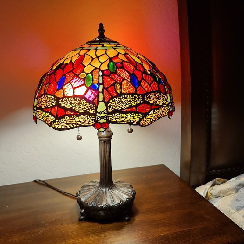 Dark Brown Metal Table Lamp with Multi Stained Glass Shade Dual Pull Chain - 11” x 19” x 22” (D x W x H)