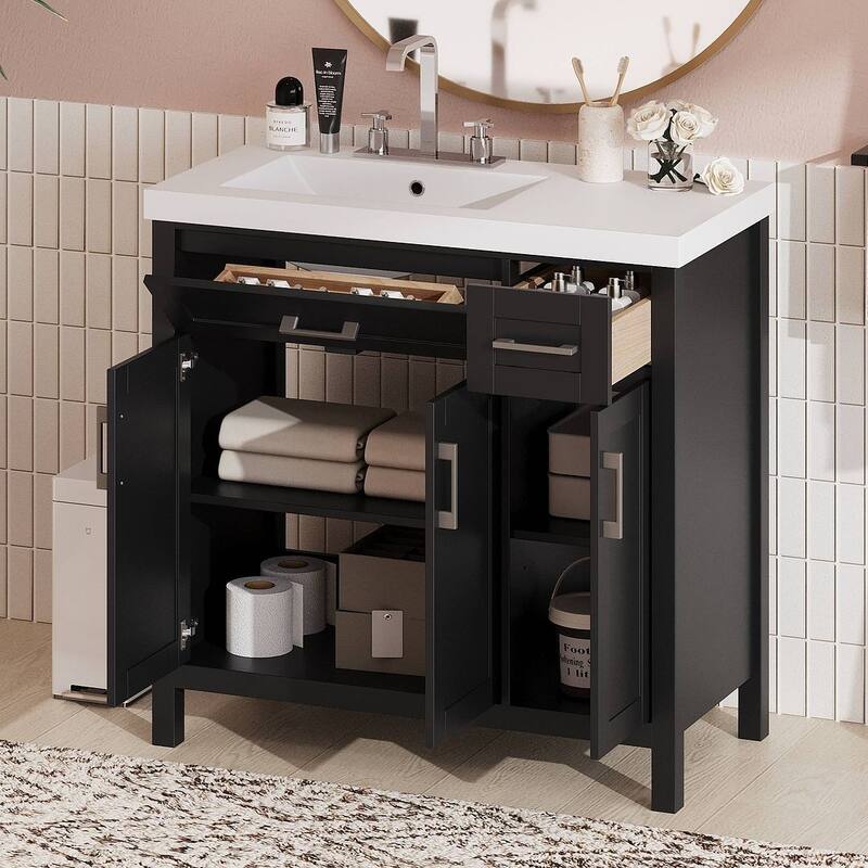 36" Bathroom Vanity Cabinet with Resin Integrated Sink - 2 Drawers, 3 Doors