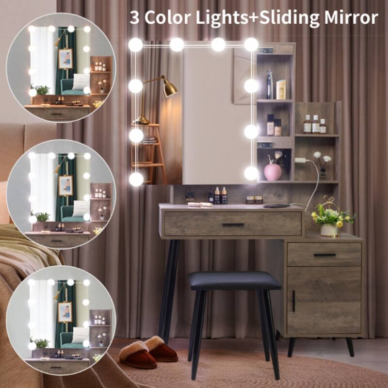 Vanity Set with 3 Light Bulbs, Mirror Cabinet, and Storage - 43.3 x 15.7 x 63