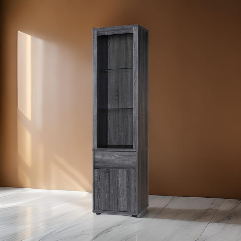 Wooden Curio Cabinet with 2 Glass Shelves and Cabinet, Gray