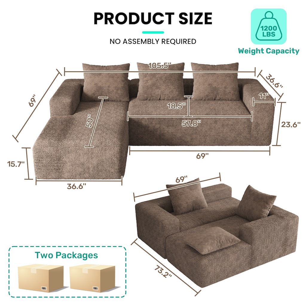 Modular Sectional Sofa with L-Shape Chaise Lounge, Corduroy Upholstered Boneless Cloud Couch, Full-Compressed Corner Sofa