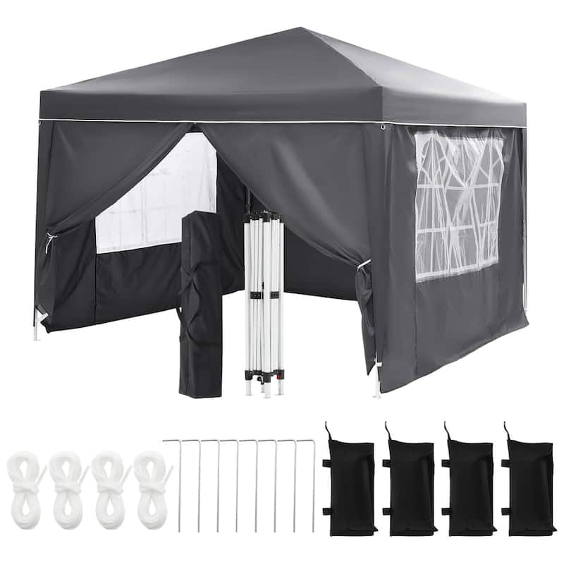 10X10 Ft Instant Waterproof Portable Pop-Up Canopy Tent with 4 Sidewalls for Outdoor Camping, Beach, Backyard - Grey