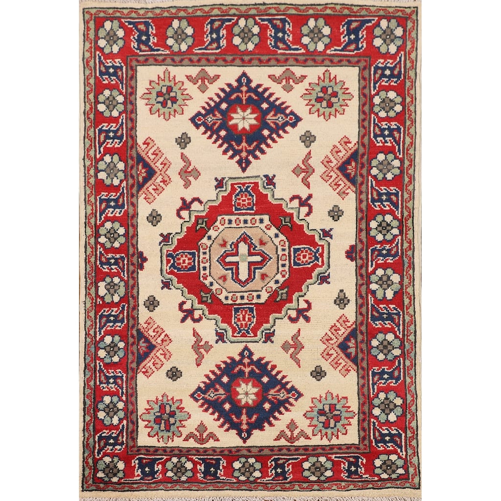 Beige Geometric Kazak Foyer Rug Hand-Knotted Wool Carpet - 2'9" x 4'1"