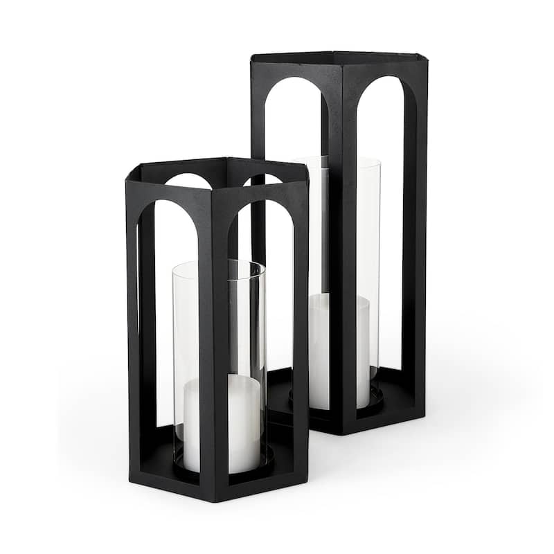 Balley Matte Black Metal Hexagonal Candle Holder Lanterns (Set of 2)