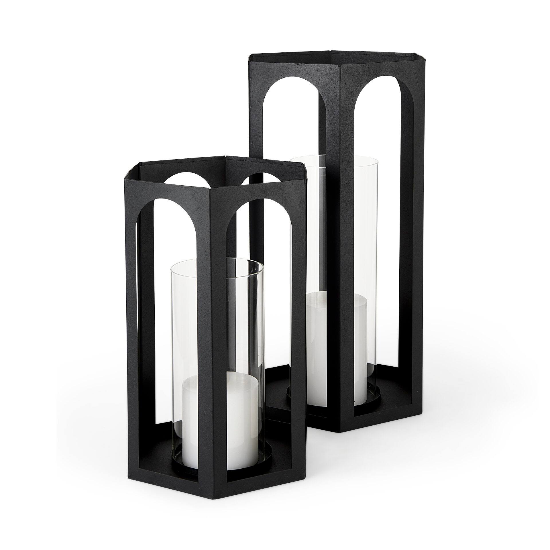 Balley Matte Black Metal Hexagonal Candle Holder Lanterns (Set of 2