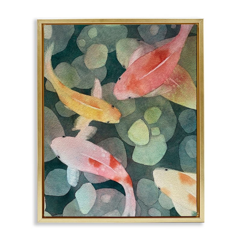 Stupell Watercolor Koi Aerial View Framed Floater Canvas Wall Art Design By Stephanie Fielden - 25 x 31 - Gold