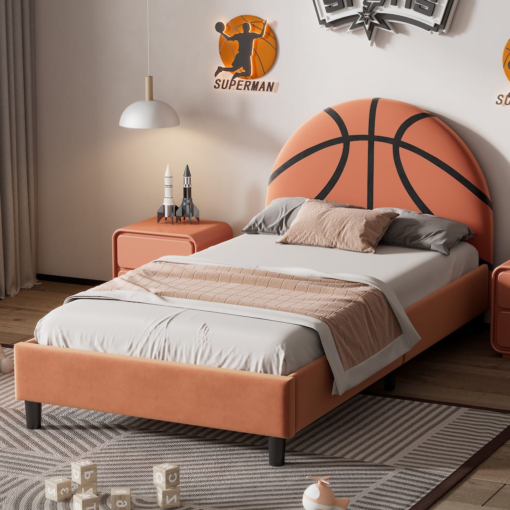 Orange Upholstered Bed for Toddler Kids Twin Size Low Profile Platform Bed with Basketball Headboard for Boys and Girls, Teens