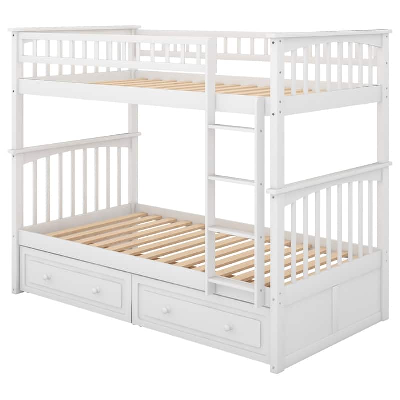 Twin Over Twin Wood Bunk Bed with Drawers and Guardrail