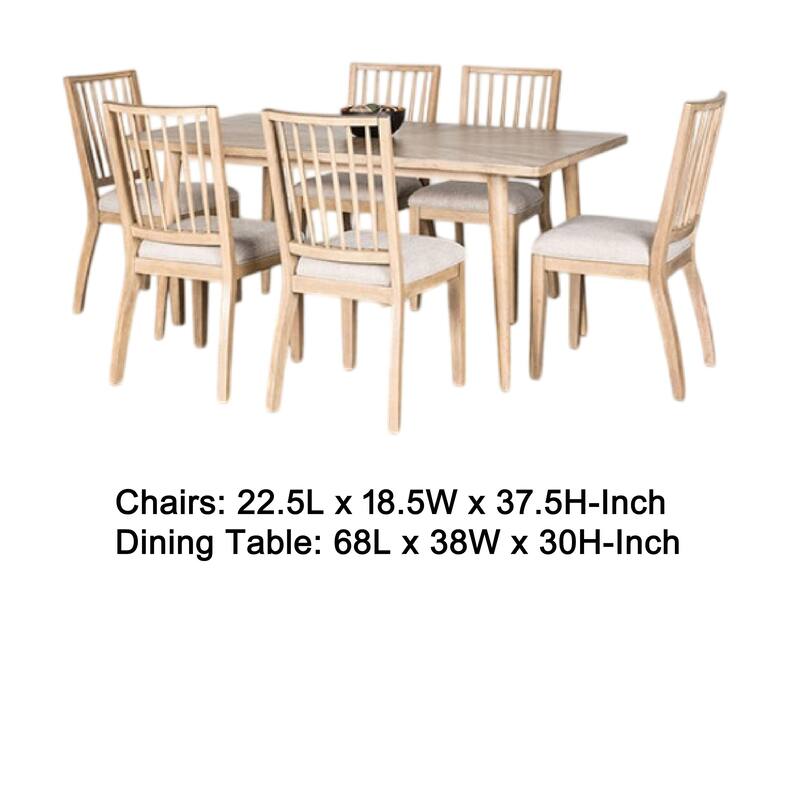 Lucas 7pc Dining Table Set, 6 Spindle Back Fabric Chair, Natural Brown